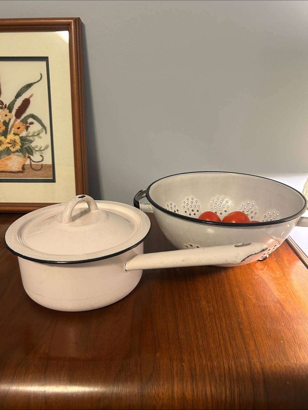 Vintage Farmhouse White Enamelware Set
Pot with Lid & Matching Colander
